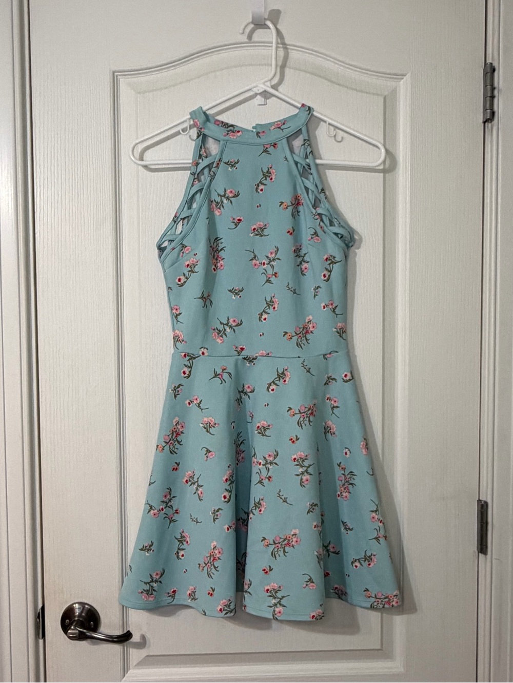 No Boundaries Aqua Floral Halter Mini Dress